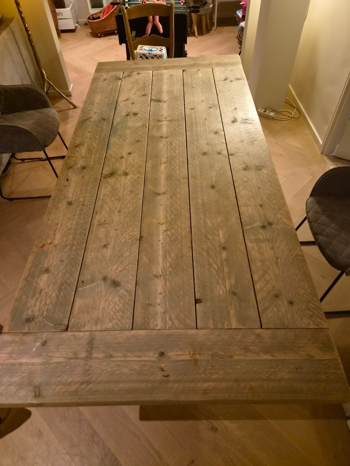 Jorg eettafel van massief hout met metalen onderstel, Gebruikt, Industrieel, Landelijk, 200 cm of meer, 50 tot 100 cm