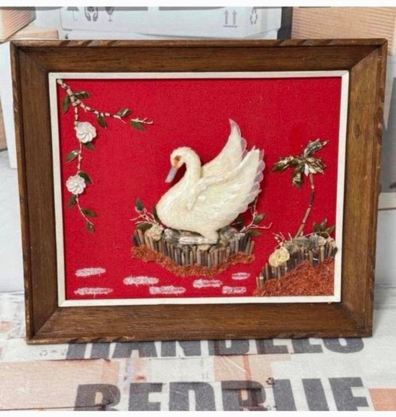 Mooi 3D vintage Zwaan kunstwerk art kunst in houten lijst, Ophalen of Verzenden