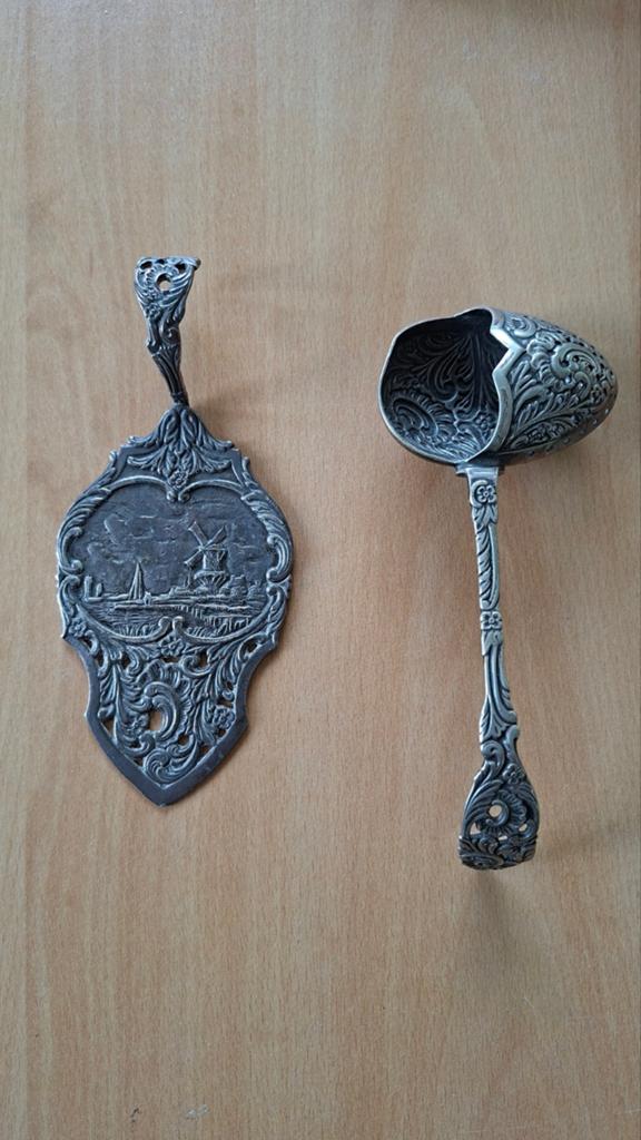 Antiek zilverkleurig gebaksschep en sauslepel set, Antiek en Kunst, Antiek | Goud en Zilver, Ophalen, Zilver