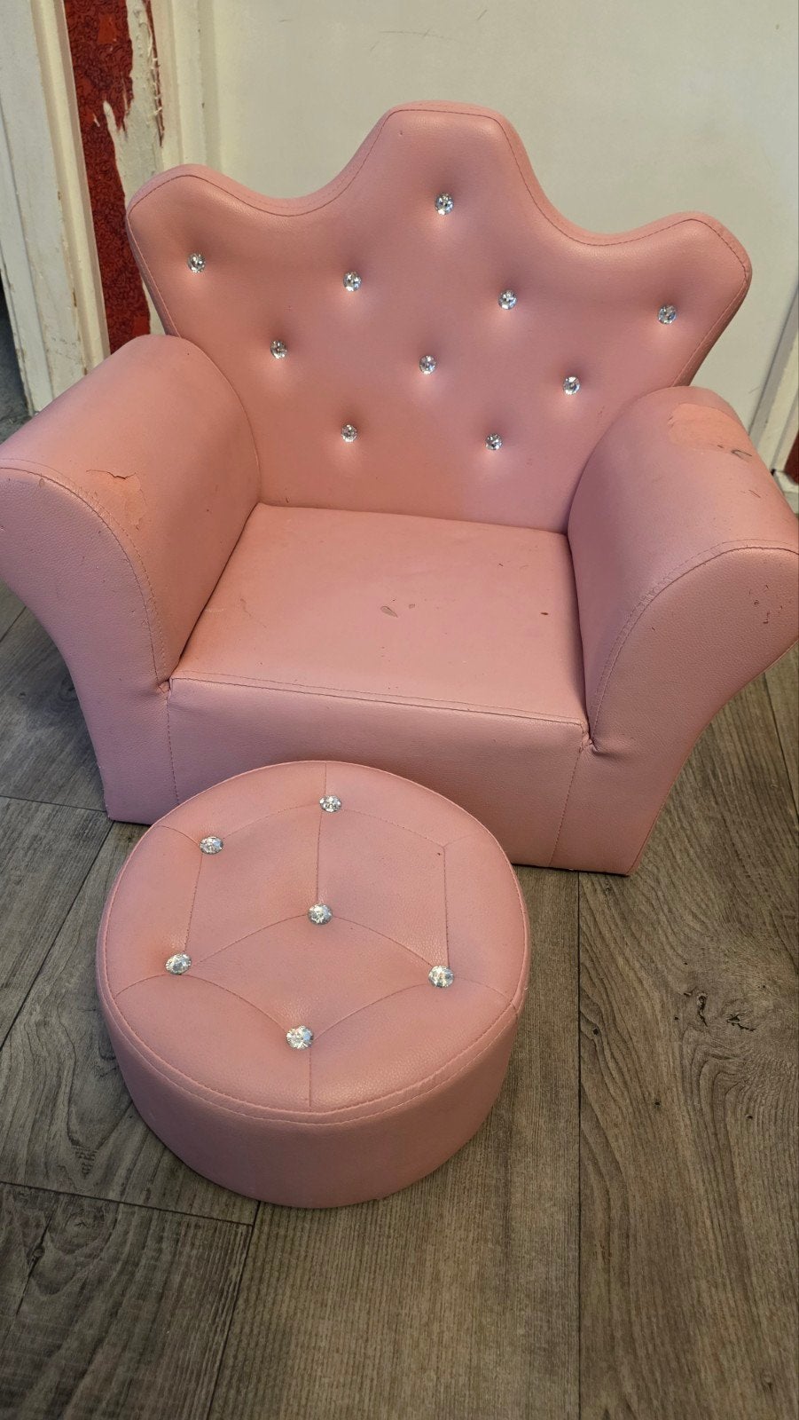 Roze kinderfauteuil met kroonrug en strass steentjes, Ophalen