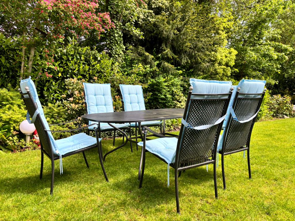 Gietijzeren tuinset met kussens, Tuin en Terras, Ophalen, Overige materialen, Gebruikt, Eettafel