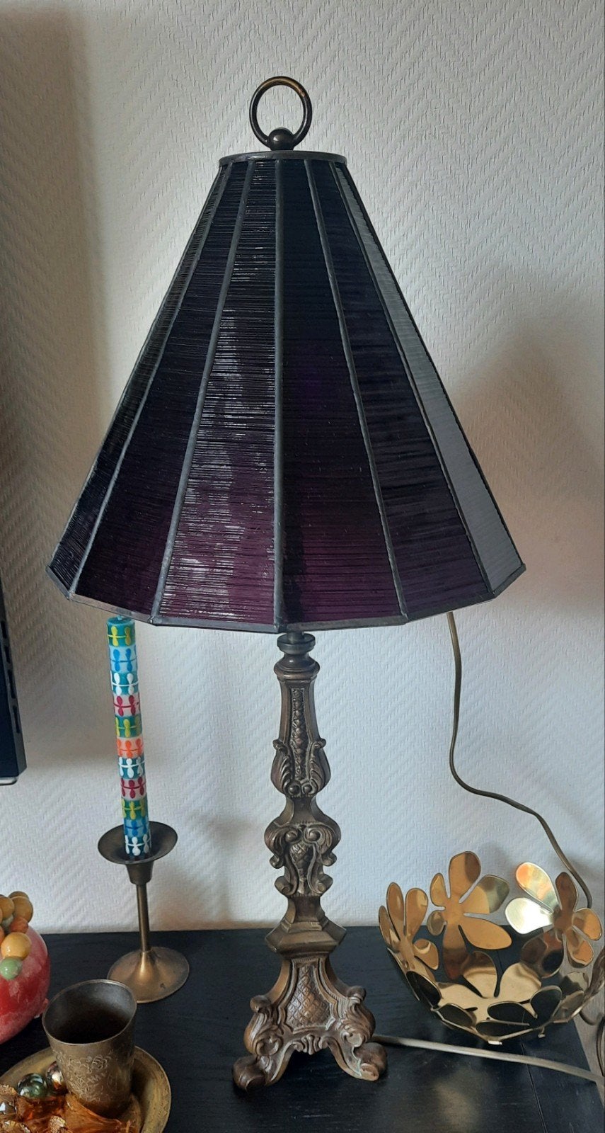 Barok stijl tafellamp patina messing voet, lees beschrijving, Ophalen, Meerkleurig, E27 (groot), Zo goed als nieuw