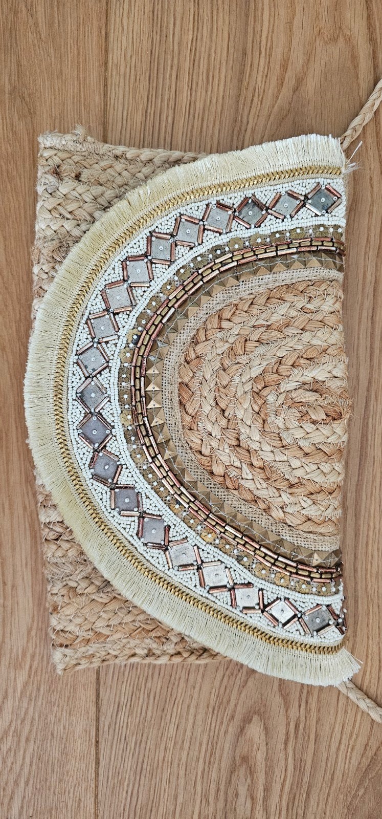 Juten schoudertasje met kralen en borduursels, Ophalen of Verzenden, Schoudertasje
