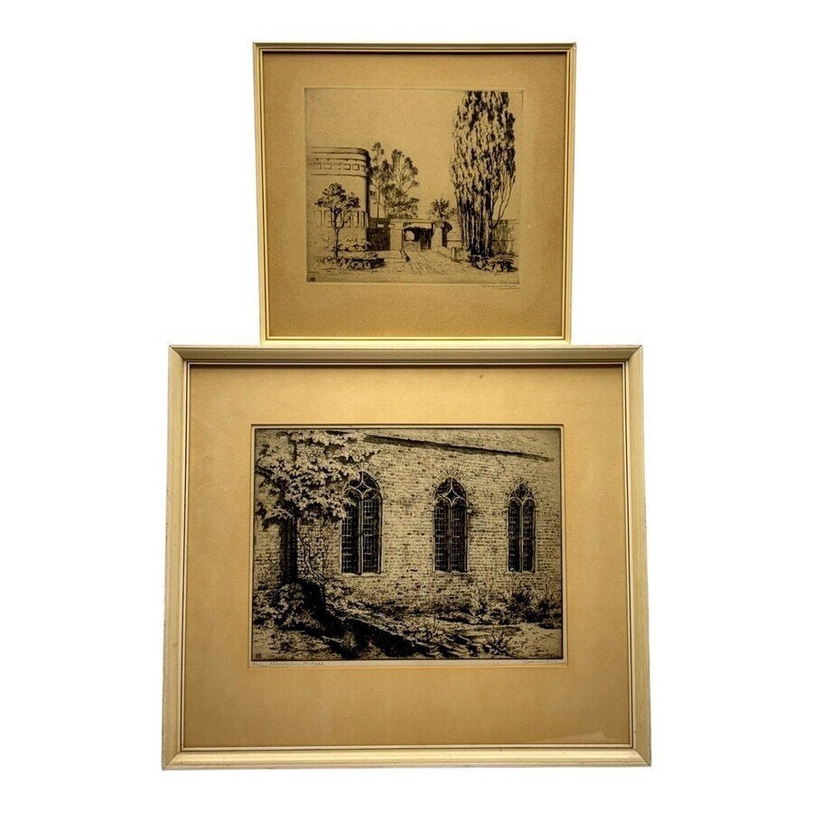 Johan Hemkes (1894-1988) - Rijks HBS en Ter Apel, Antiek en Kunst, Ophalen of Verzenden, Stadsgezicht, Ets, Ingelijst