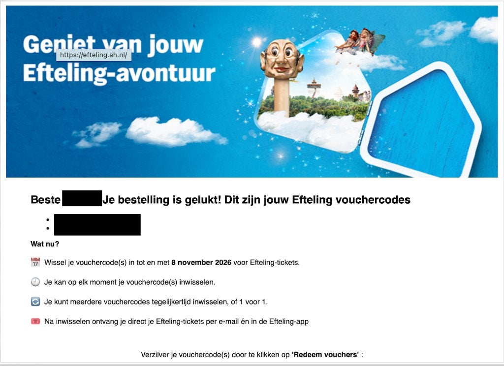 Efteling AH vouchers 2x - flexibel - 8 nov (ook CARO), Ophalen of Verzenden, Nieuw, Overige typen