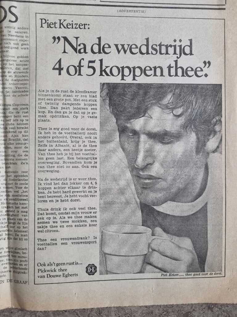 Advertentie voetballer Piet Keizer Pickwick thee (1970), Ophalen of Verzenden, 1960 tot 1980, Knipsel(s)