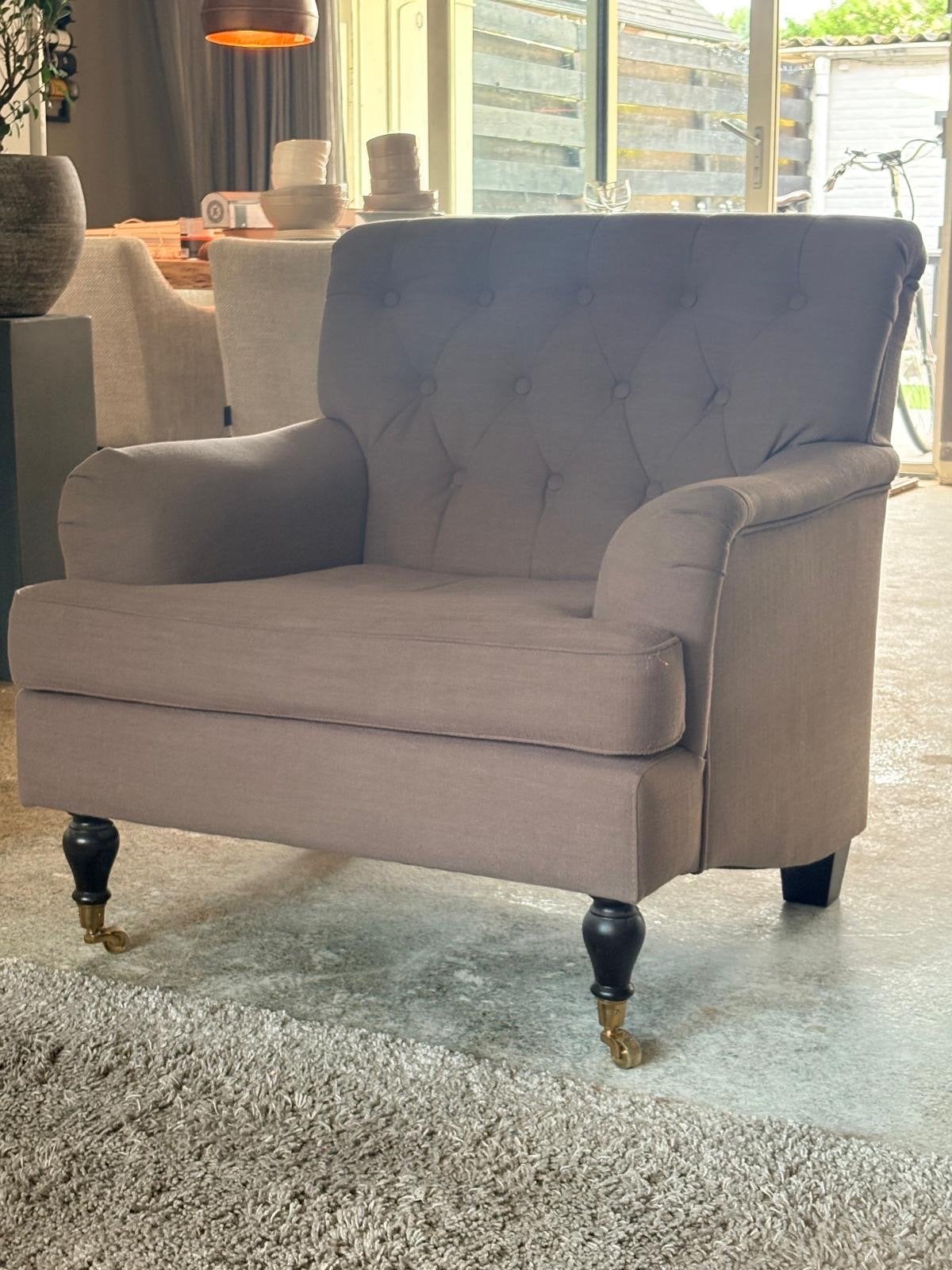 Landelijke fauteuil in taupe kleur - Nette staat, Huis en Inrichting, Ophalen, Gebruikt, Stof, 75 tot 100 cm