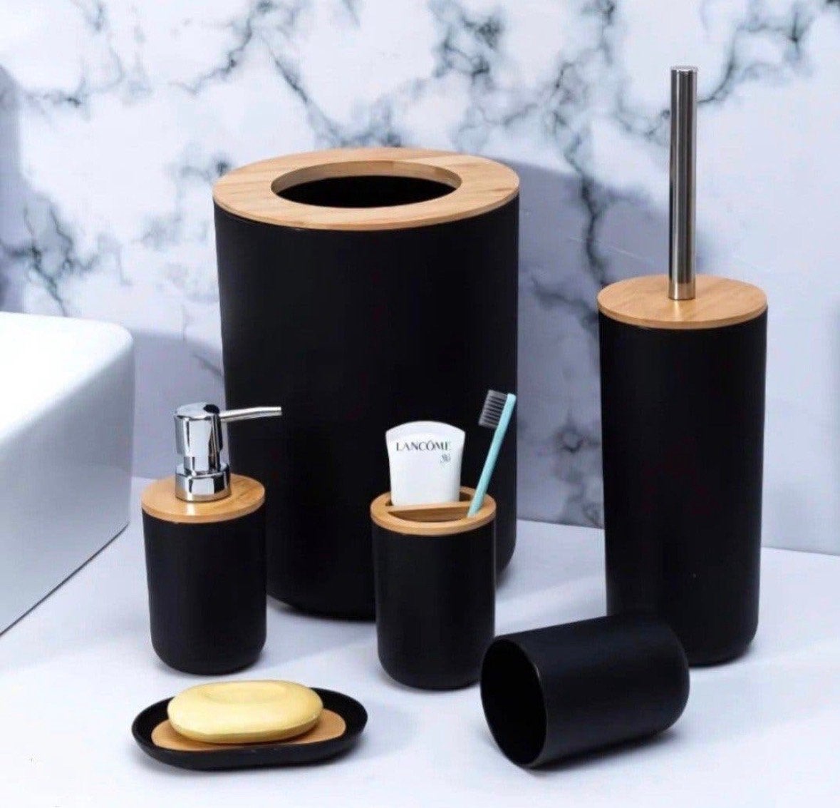 Luxe Badkamer Accessoires Set - Zwart met Bamboe Details, Ophalen, Nieuw, Zwart, Overige typen