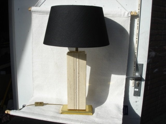 Twee Vintage travertin / koper tafellampen jaren 70, 50 cm, Gebruikt, Vintage, Met schakelaar