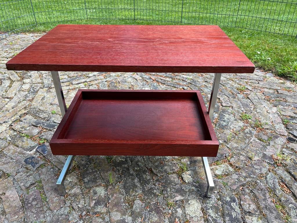 Bijzettafel met lectuurhouder hout met chroom jaren 60 retro, Ophalen of Verzenden, Zo goed als nieuw