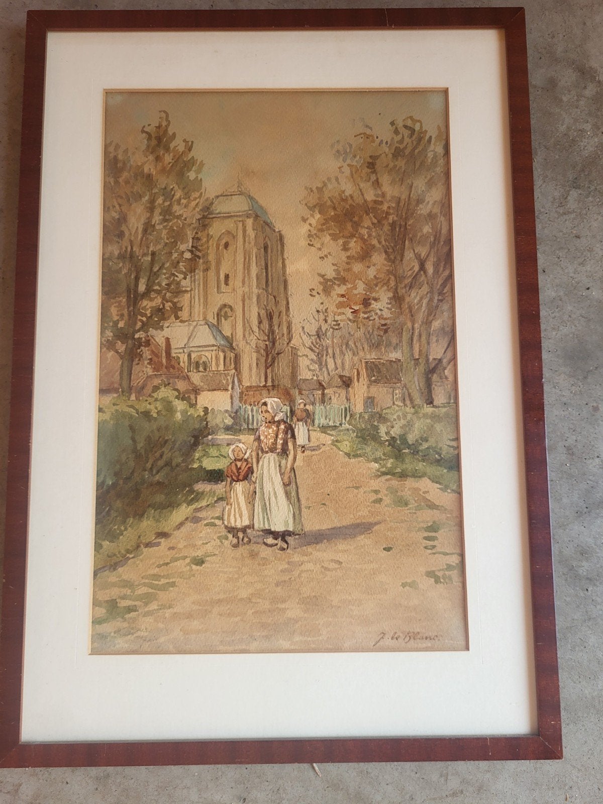 Aquarel van J. le Blanc - Dorpsgezicht met figuren, Antiek en Kunst, Ophalen of Verzenden, Klassiek, Aquarel, Gesigneerd