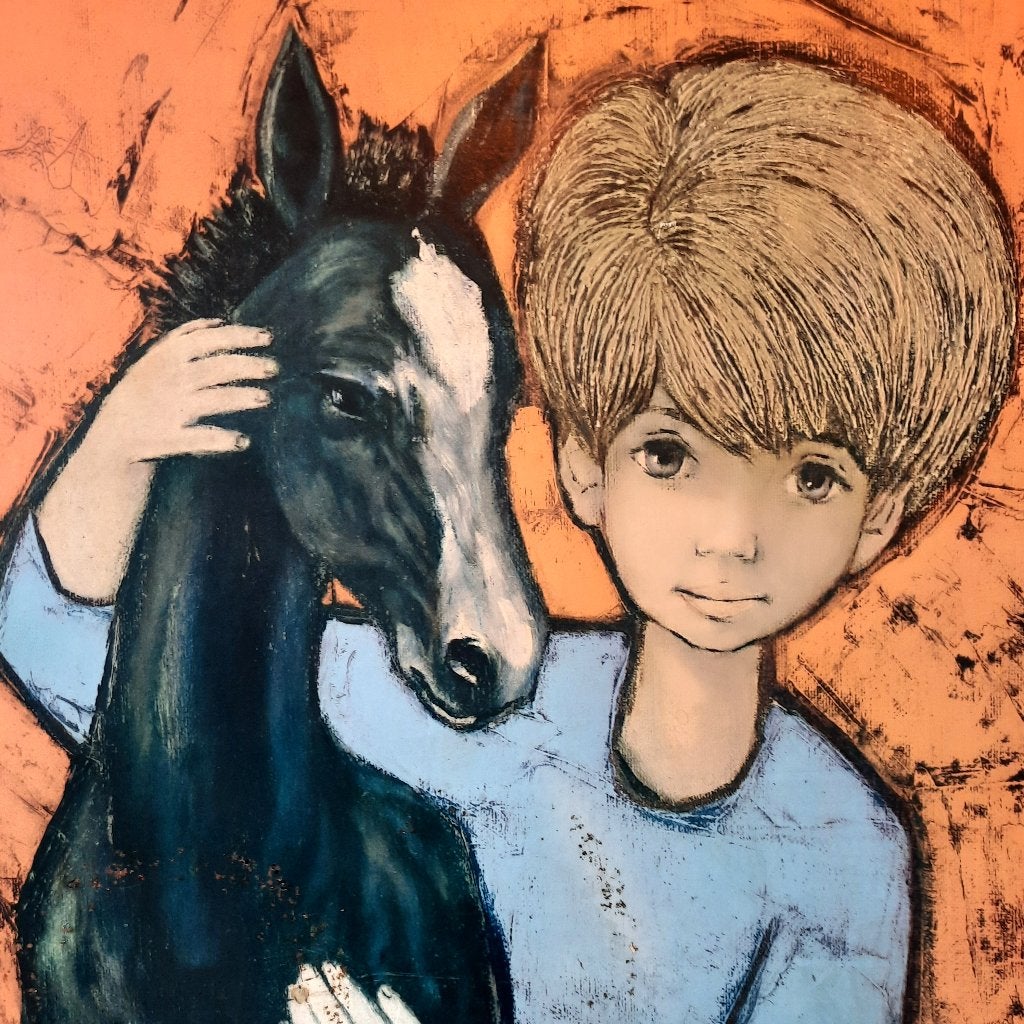 Mooie vintage afbeelding jongen met paard | 39 bij 58 cm, Ophalen of Verzenden, Huis en Inrichting
