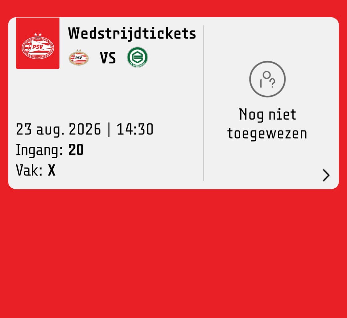 Psv-groningen sfeervak oost vak beneden, Tickets en Kaartjes, Sport | Voetbal, Eén persoon