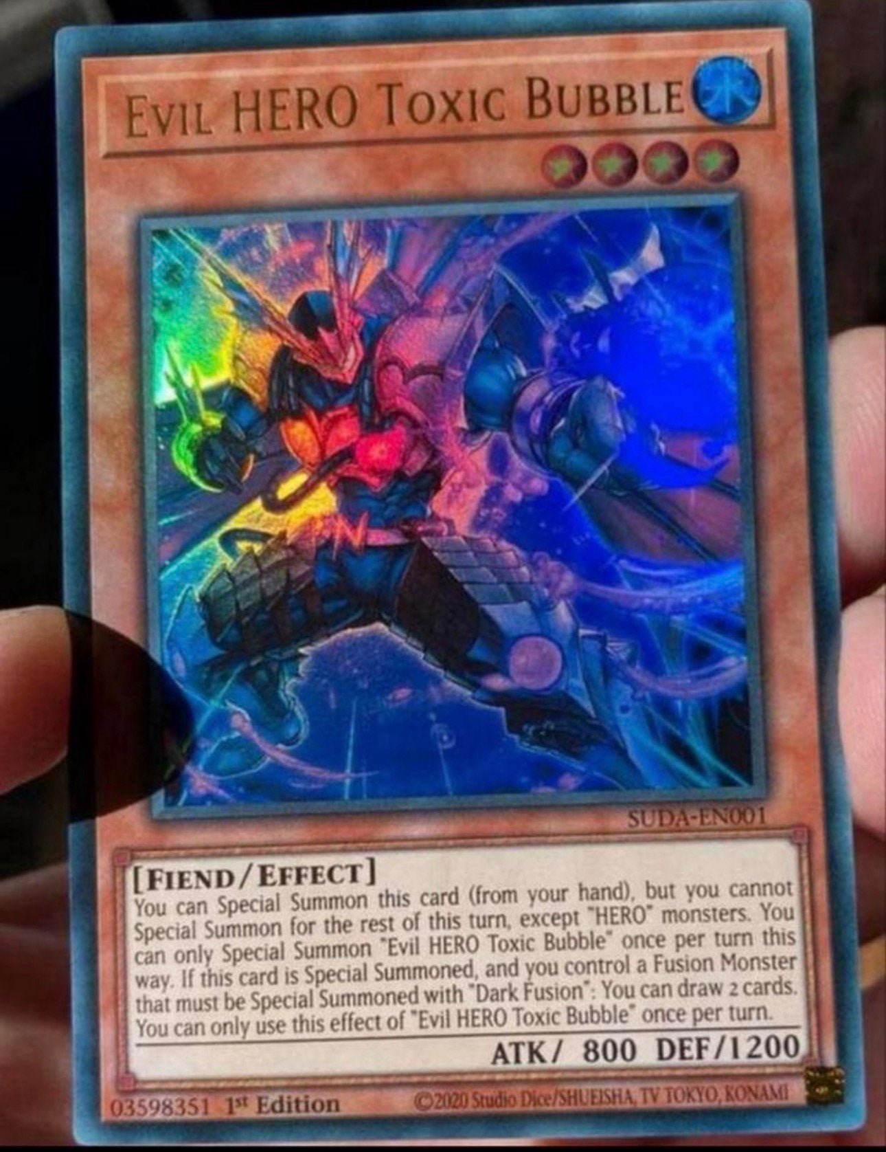 Yu-Gi-Oh! Evil HERO Toxic Bubble SUDA 1st Edition !, Ophalen of Verzenden, Zo goed als nieuw, Losse kaart, Foil