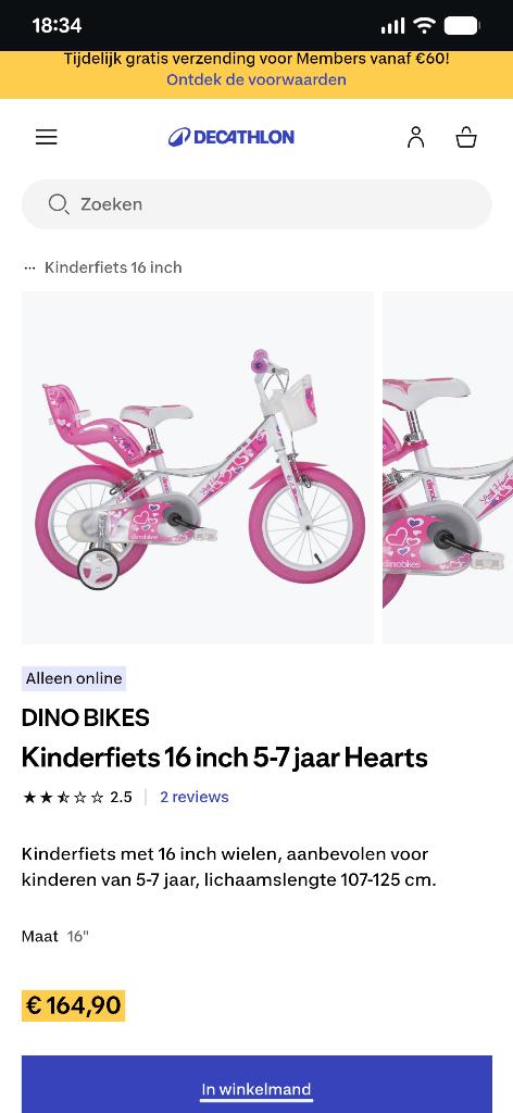 Kinder fiets 16 inch, Ophalen, Zijwieltjes, Velgrem, Dino