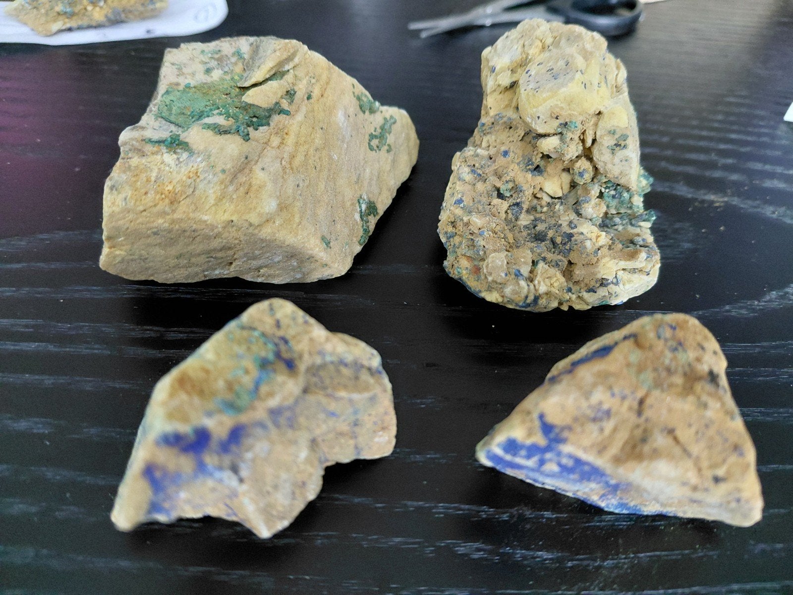 Set van 4 Malachiet Azuriet Auricalciet, Verzamelen, Mineralen en Fossielen, Ophalen of Verzenden, Mineraal