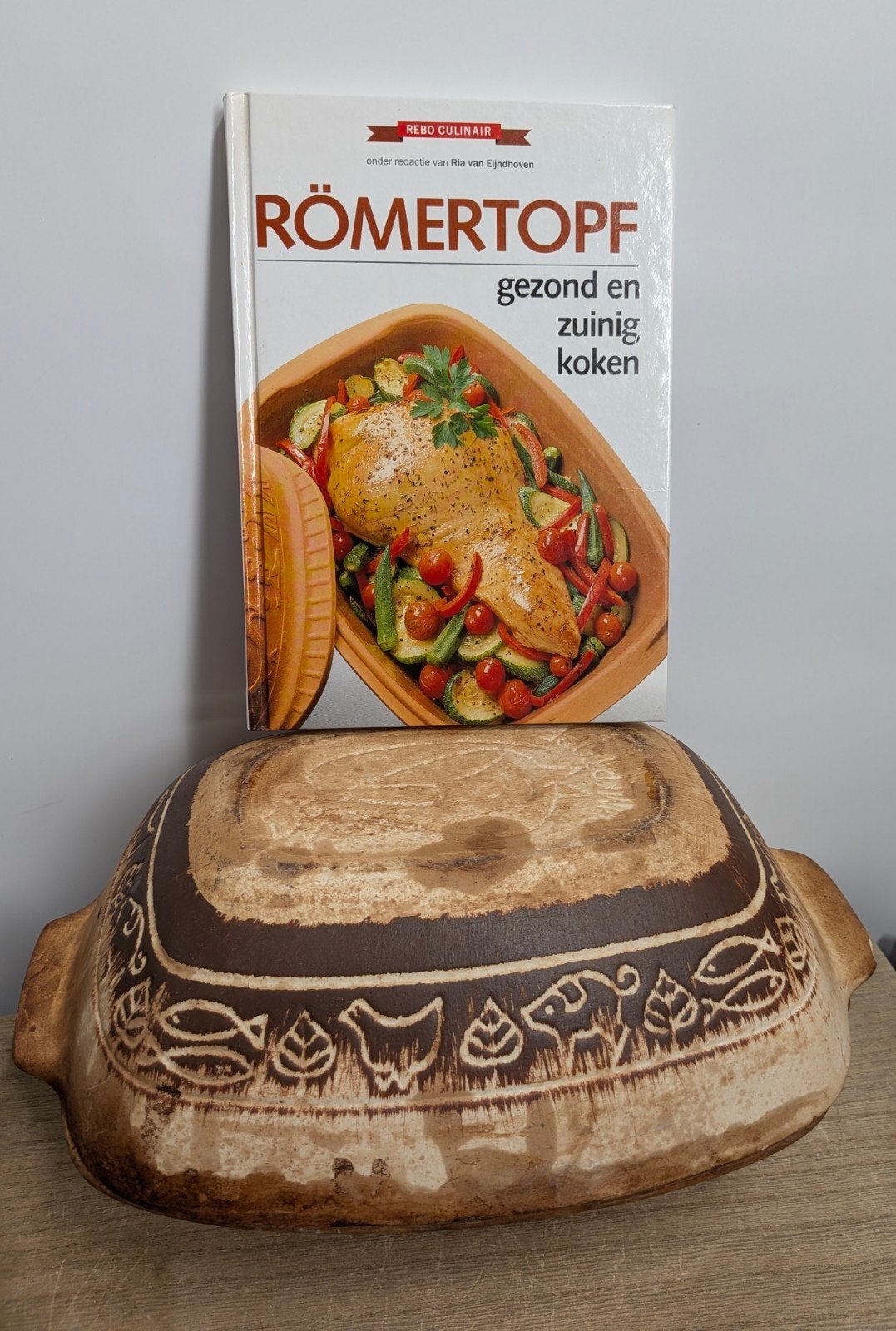 Vintage Römertopf ovenschaal met deksel + origineel kookboek, Beige, Römertopf, Ophalen of Verzenden, Steen/keramiek