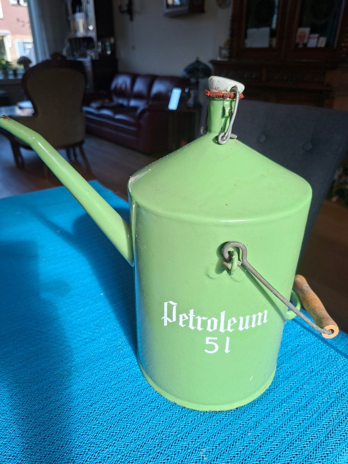 Vintage Petroleum Kan - Groen Emaille 5L, Antiek en Kunst, Ophalen of Verzenden