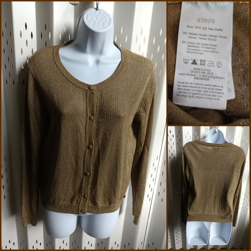 Nümph Gouden Glitter Cardigan Vest Knopen Maat M, Maat 38/40 (M), Beige, Nümph, Ophalen of Verzenden