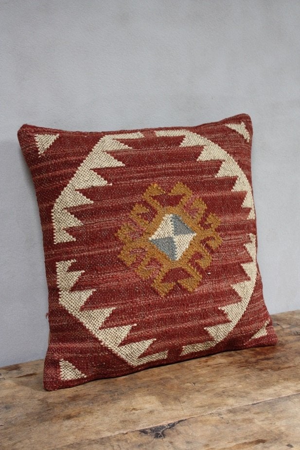 Boho Landelijk Kelim Kussen Naturel & Roodtinten Unieke Deco, Overige kleuren, Vierkant, Nieuw, Ophalen of Verzenden