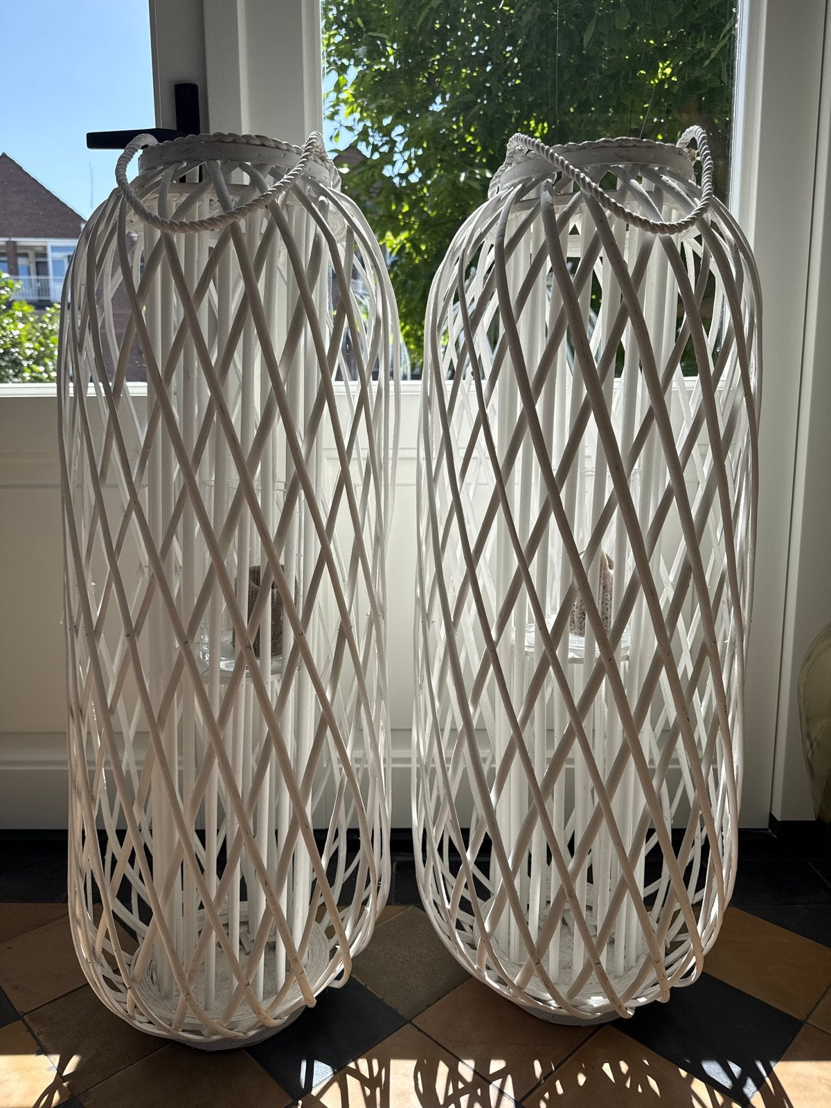 Grote witte windlichten (2 stuks) - Ibiza stijl, Ophalen, Boho, Zo goed als nieuw, Natuurlijk materiaal