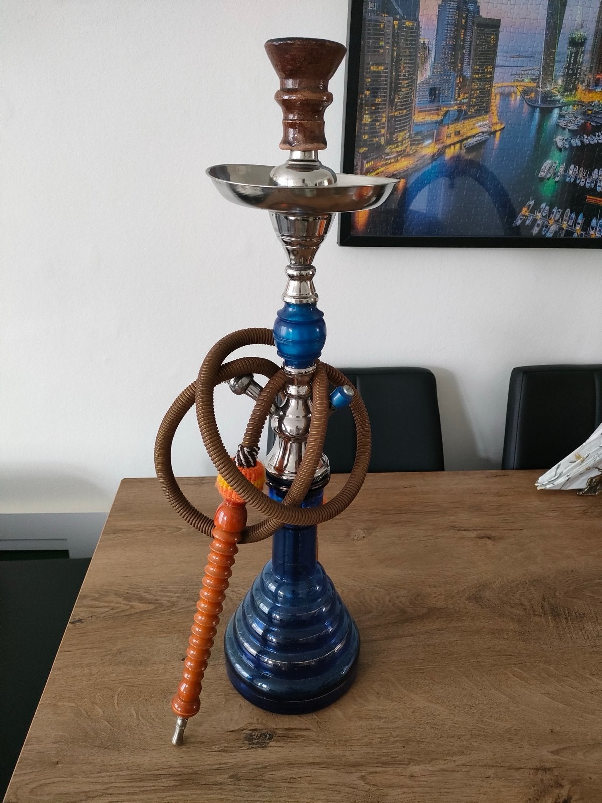 Mooie blauwe waterpijp met twee slangen, Ophalen of Verzenden, Gebruikt, (Water)pijp