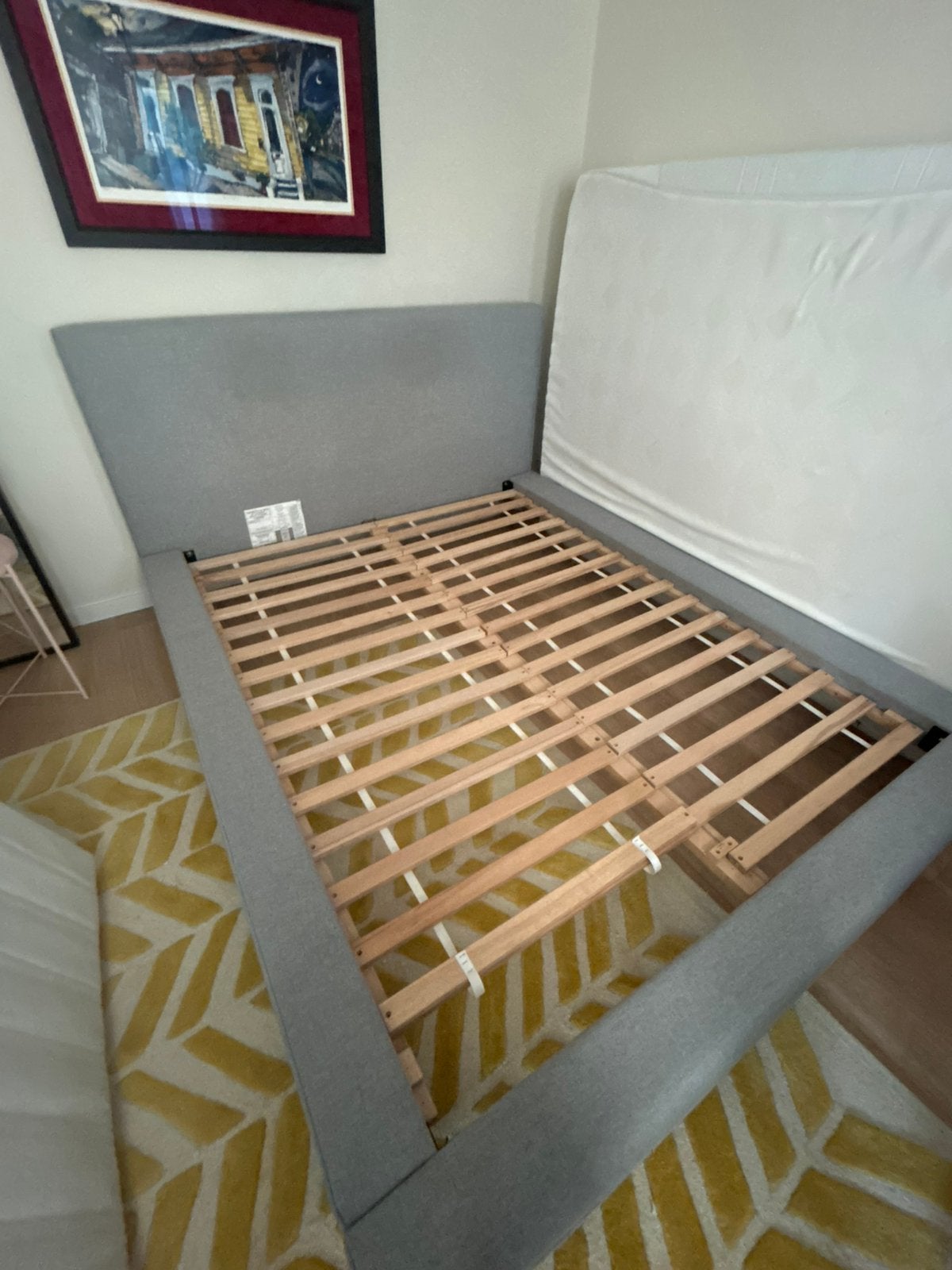West Elm US Queen Bed Frame (152x203)– Grey Upholstered, Ophalen, Gebruikt, Tweepersoons, 160 cm