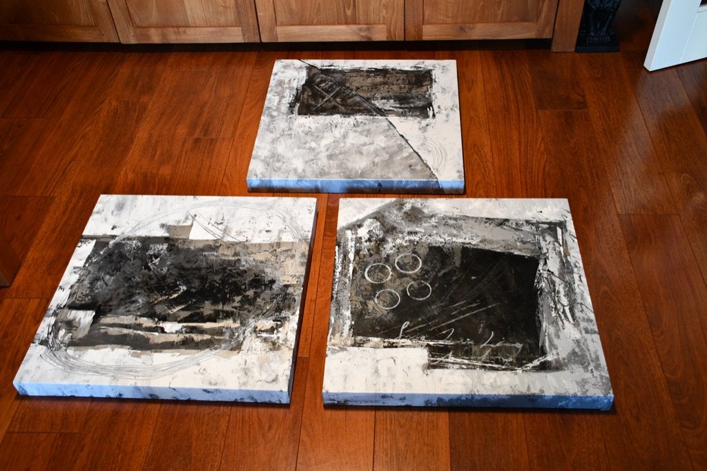 3 olieverf schilderijen abstract Zwart Wit Grijs, Ophalen