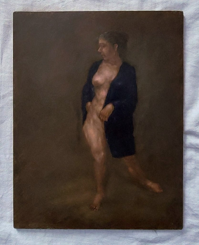 Schilderij van Naakte Vrouw in Blauwe Kamerjas, Antiek en Kunst, Kunst | Schilderijen | Klassiek, Portret of Personen, Realistisch