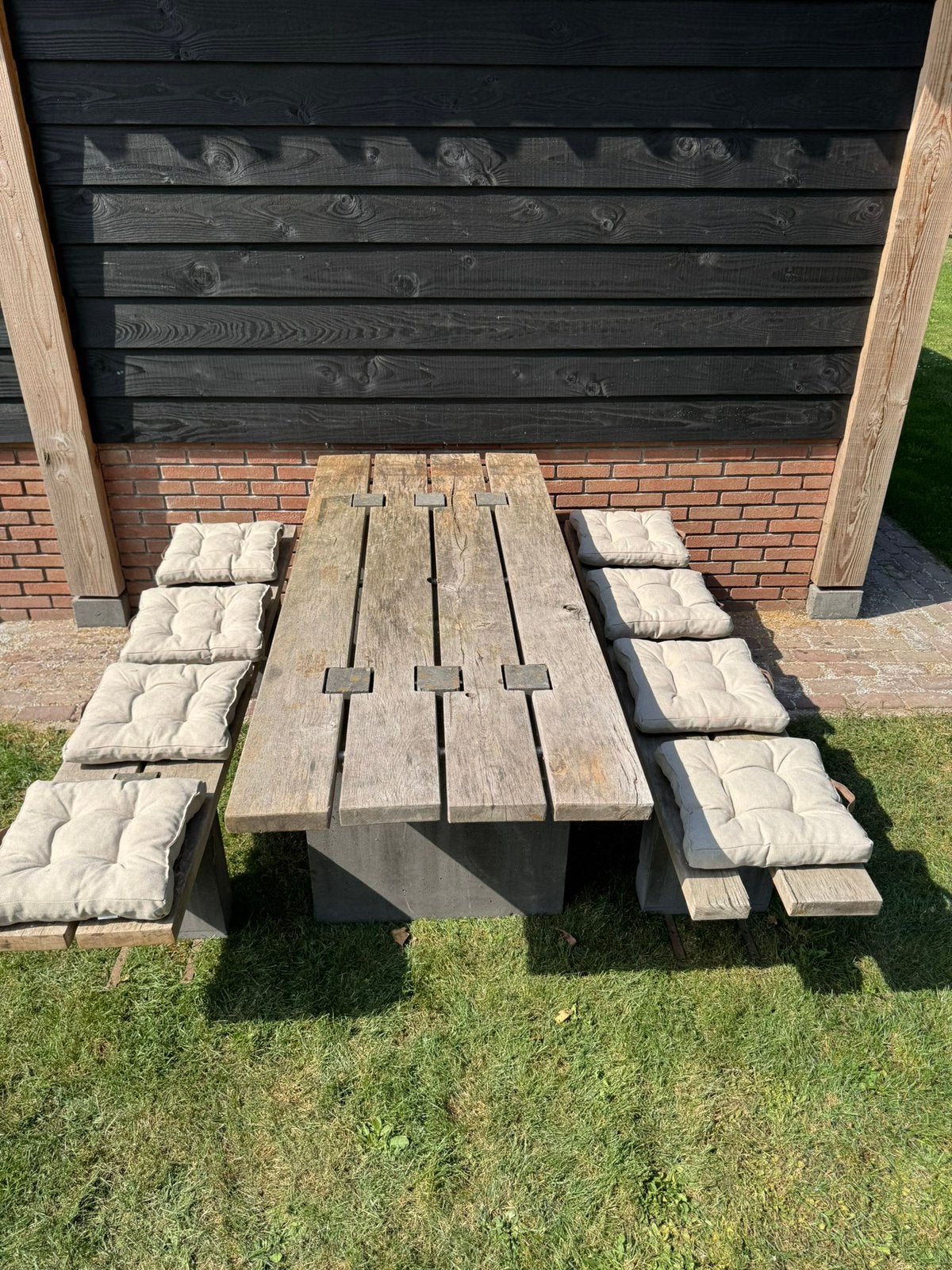 Massief eiken buitentafel / terrastafel, Ophalen, Zo goed als nieuw, Rechthoekig, Hout