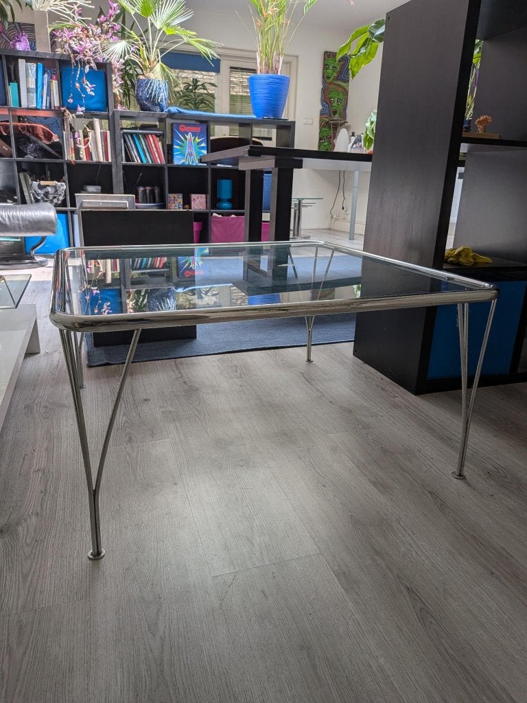 Salontafel metaal glas vierkant vintage midcentury modern, Ophalen, Gebruikt, 50 tot 100 cm, Vierkant