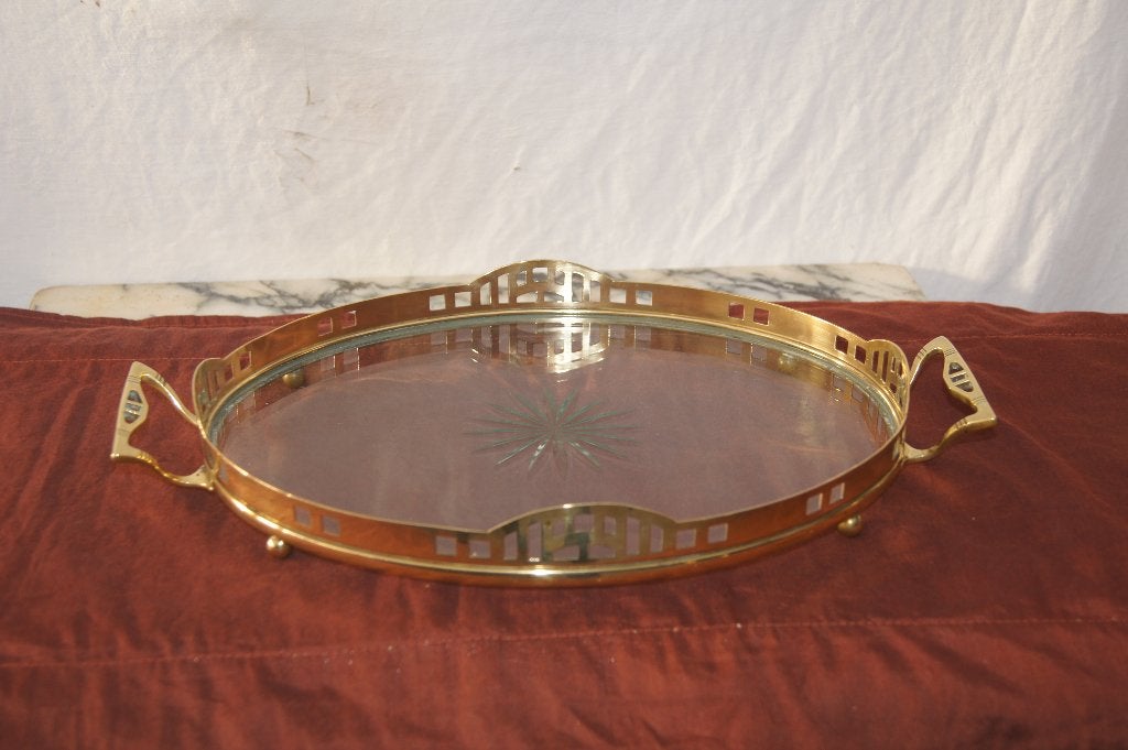 Vintage messing dienblad met glazen bodem, Ophalen of Verzenden