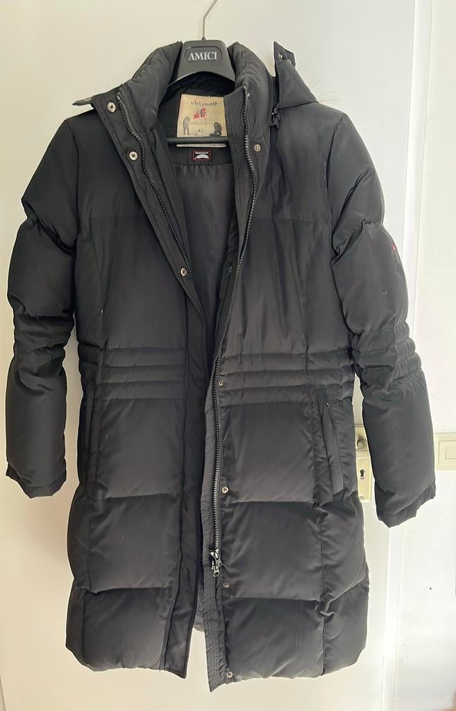 Noorse zwarte winterjas van ganzendons, Kleding | Dames, Ophalen of Verzenden, Gedragen, Maat 42/44 (L), Zwart