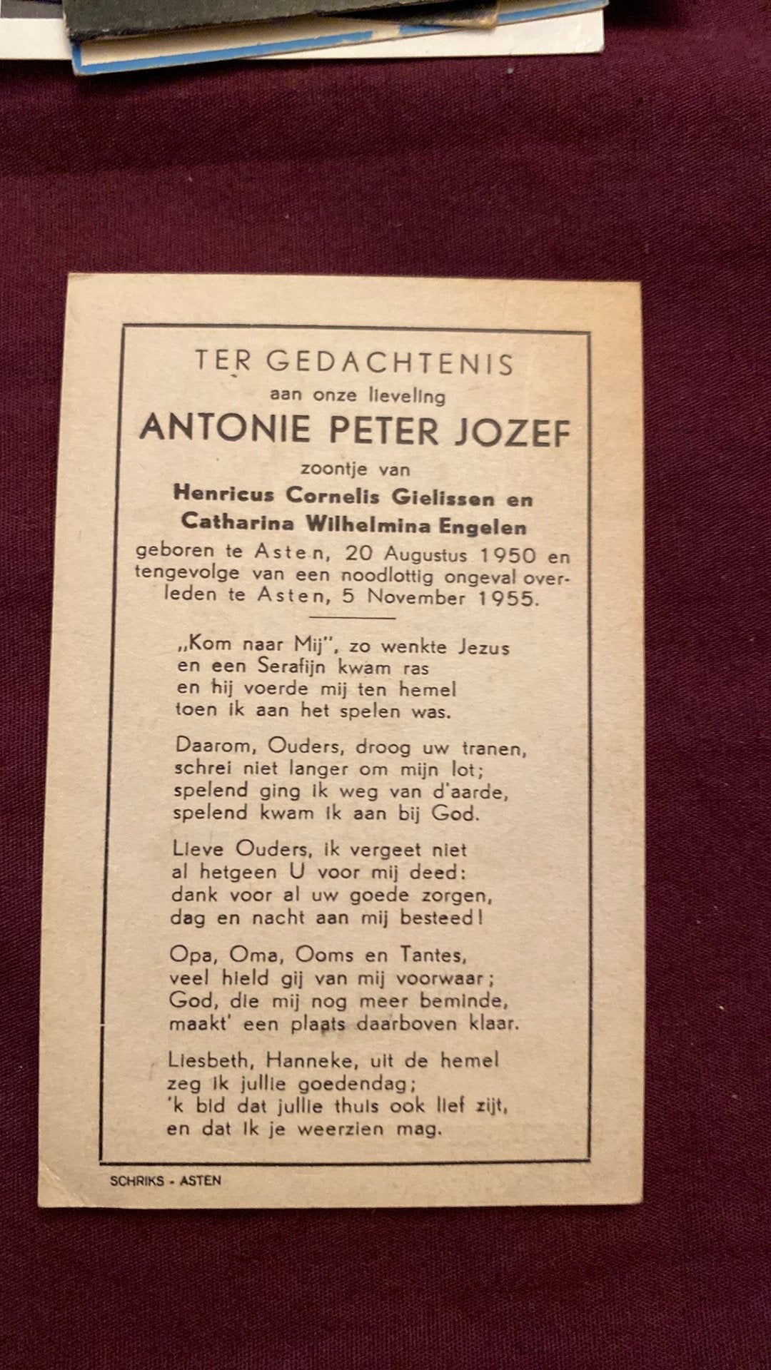 5-jarige APJ Gielissen (- Engelen) 1950 Asten 1955, Ophalen of Verzenden