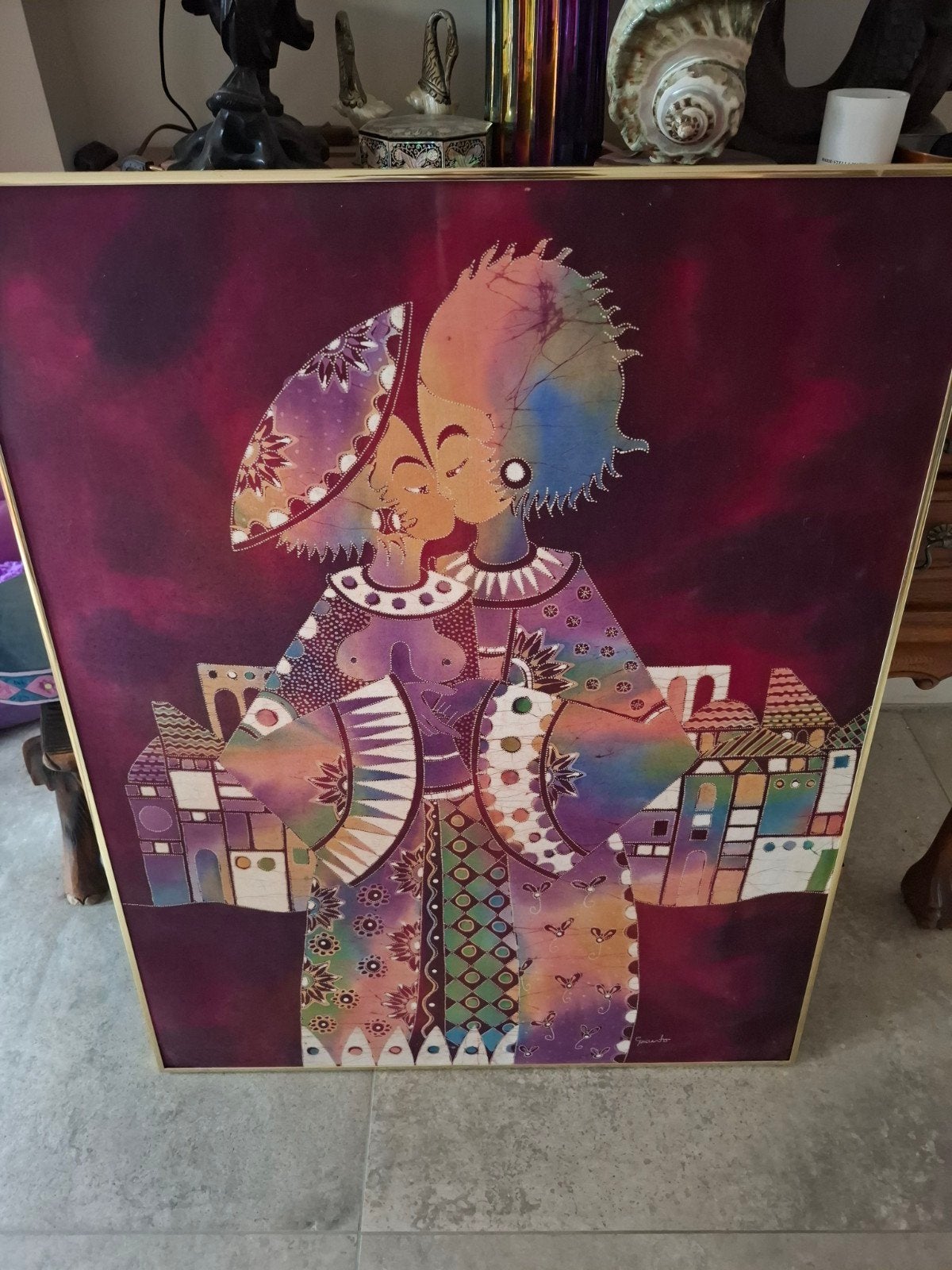 prachtig groot vintage batik doek in gouden lijst, Antiek en Kunst, Ophalen