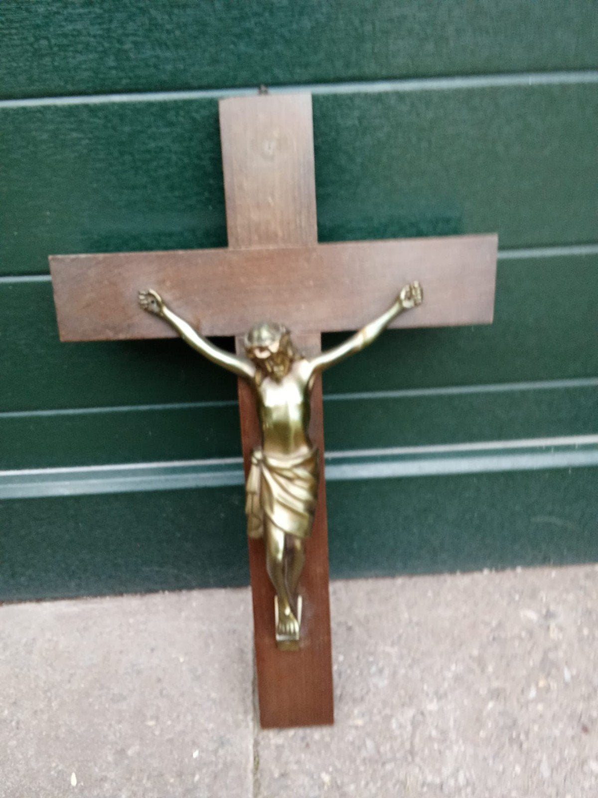 Antiek houten kruis met bronzen Christusbeeld, Ophalen of Verzenden