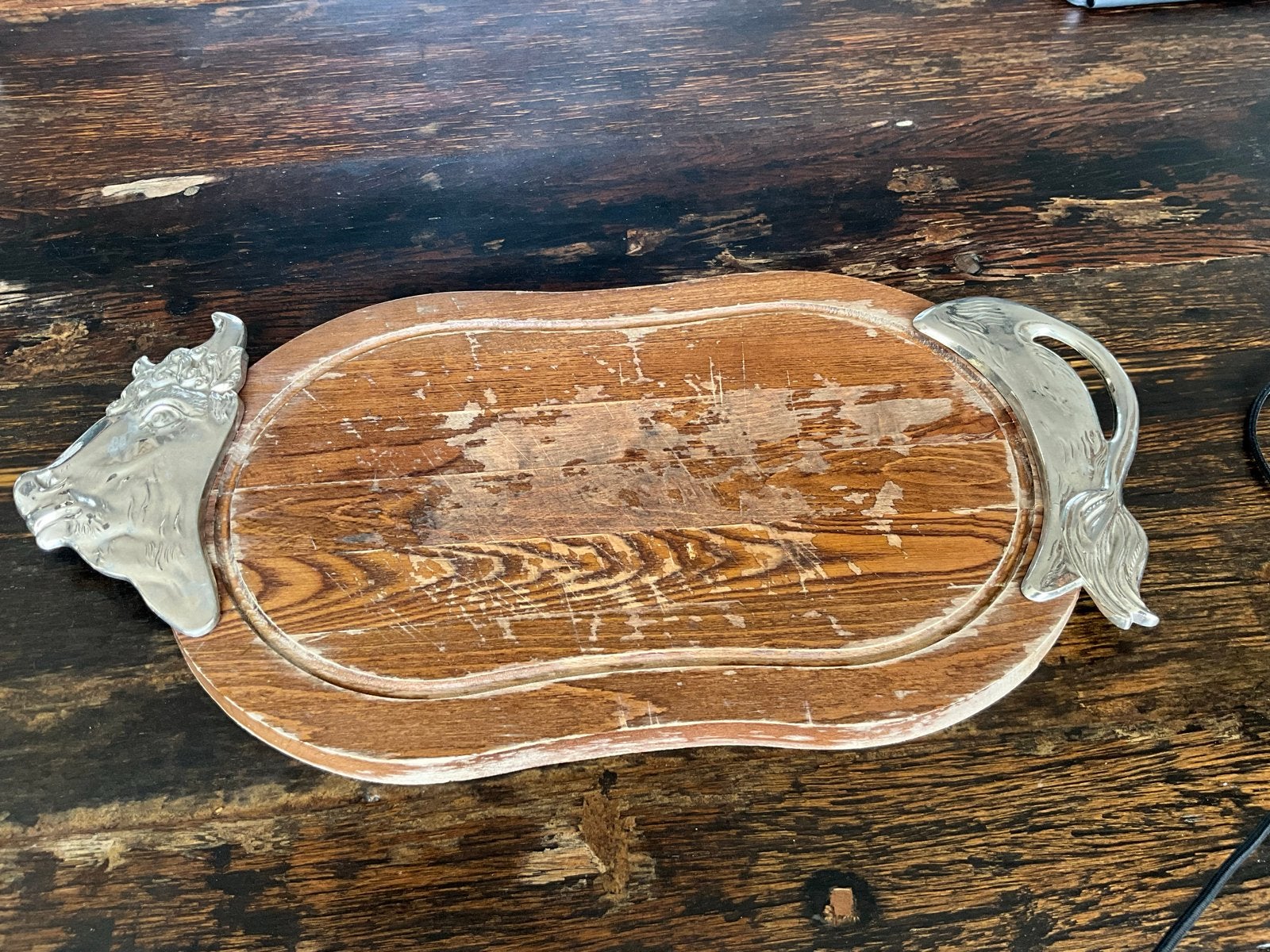 Vintage houten serveerplank met stierenkop staart uniek, Ophalen of Verzenden, Gebruikt, Overige vormen, Hout