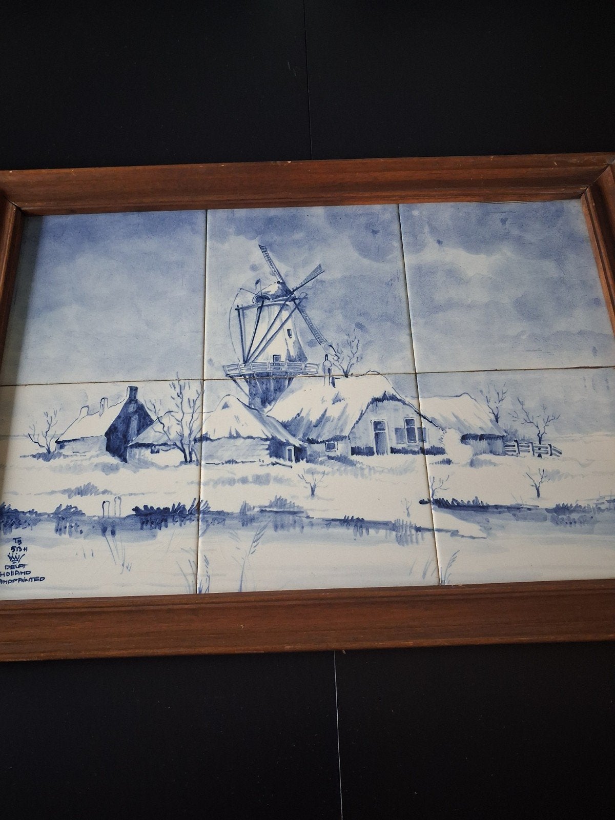 Delfts blauw schilderij op 6 tegeltjes handwerk, Antiek en Kunst, Ophalen