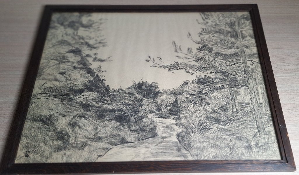 Prachtige ingelijste tekening van boslandschap, gesigneerd, Antiek en Kunst, Realistisch, Ophalen of Verzenden, Landschap, Papier