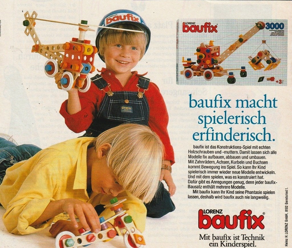 Retro reclame 1988 Baufix speelgoed jongetjes helicopter, Verzenden, Overige typen