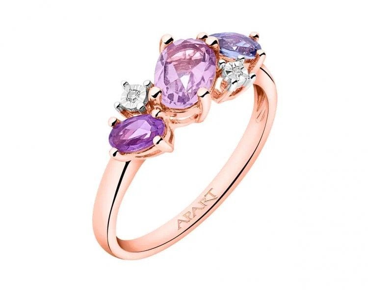 Ring van roségoud met diamanten, amethisten en tanzaniet, Sieraden, Tassen en Uiterlijk, Piercings, Ophalen of Verzenden, Zo goed als nieuw