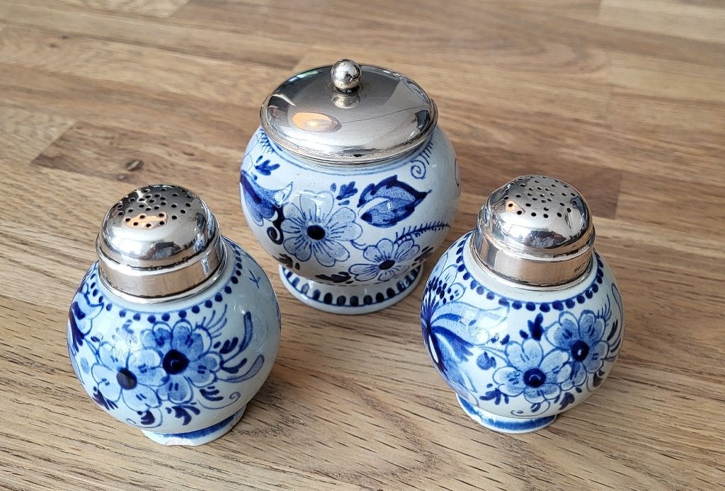 Delfts Blauw menageriesetje met zilveren deksels, Antiek en Kunst, Ophalen of Verzenden, Zilver