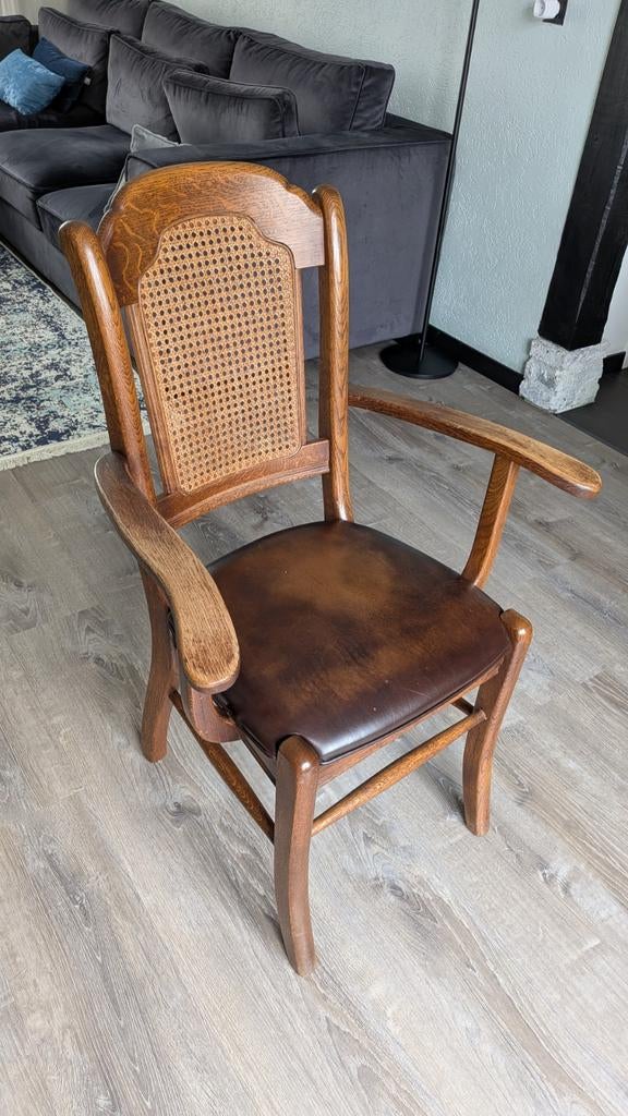 Vintage houten stoel met rotan rugleuning en leren zitting, Antiek en Kunst, Ophalen