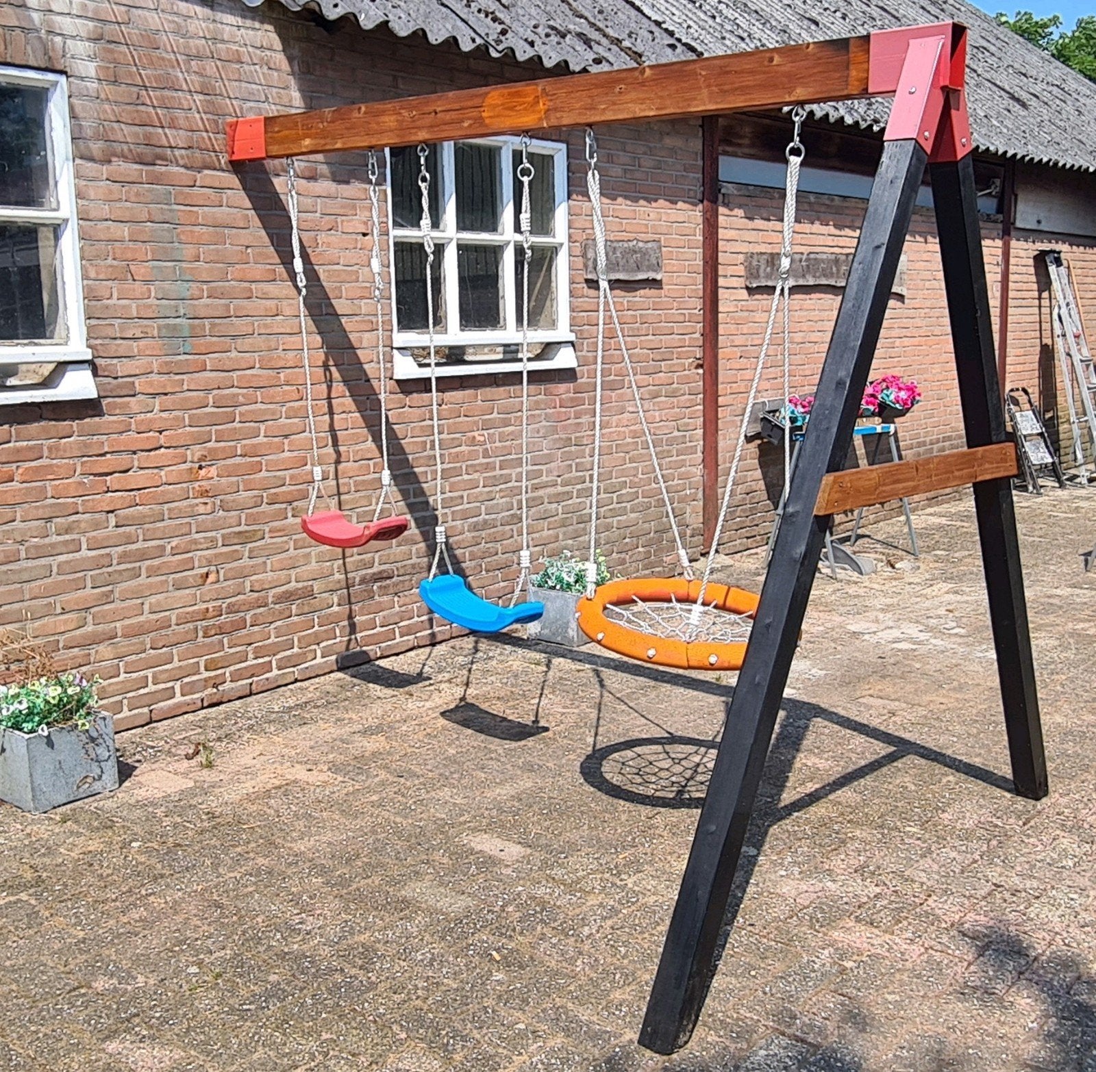 Houten schommel met 3 zitjes - Zo goed als nieuw, Ophalen, Zo goed als nieuw, Schommel, Aanbouwonderdeel