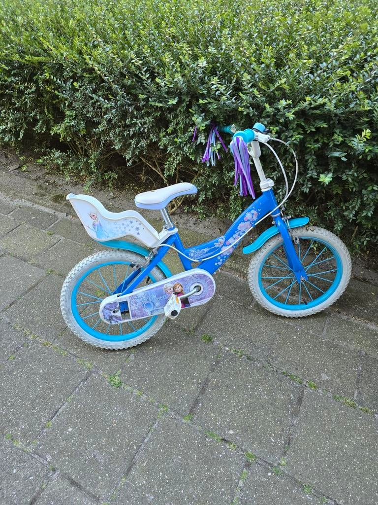 Kinderfiets 16 inch met poppenstoeltje, Ophalen, Velgrem, Disney Frozen, 16 tot 20 inch