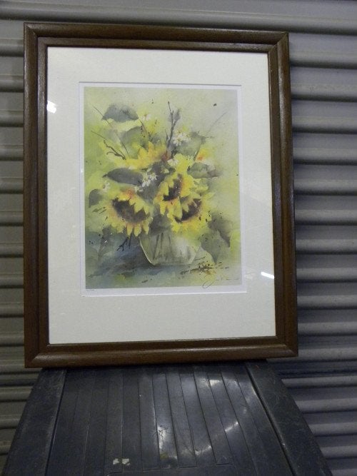 aquarell zonnebloemen bruine lijst, Ophalen of Verzenden, 'T Olde Gre-j, Info@toldegrej.nl, Endepoelstraat 20f Didam