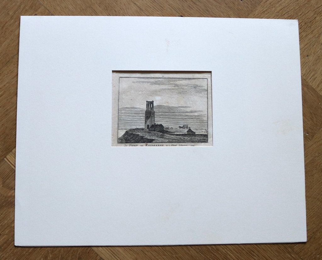 Antieke prent De Toren van Koudekerk 1743, Antiek en Kunst, Ophalen, Architectuur, 1600 - 1699, 10 cm