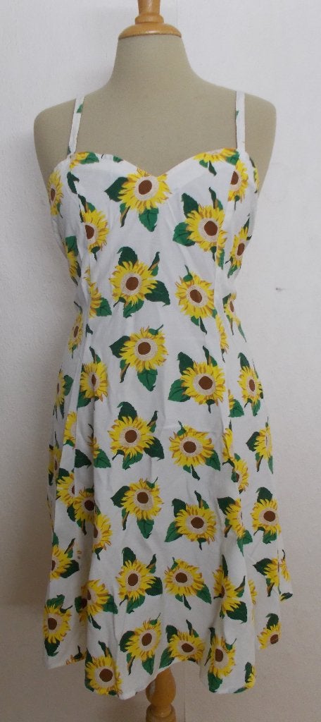 Vrolijk zonnebloemen print jurkje van Naf Naf! S/M, Maat 38/40 (M), Zo goed als nieuw, Knielengte, Meerkleurig