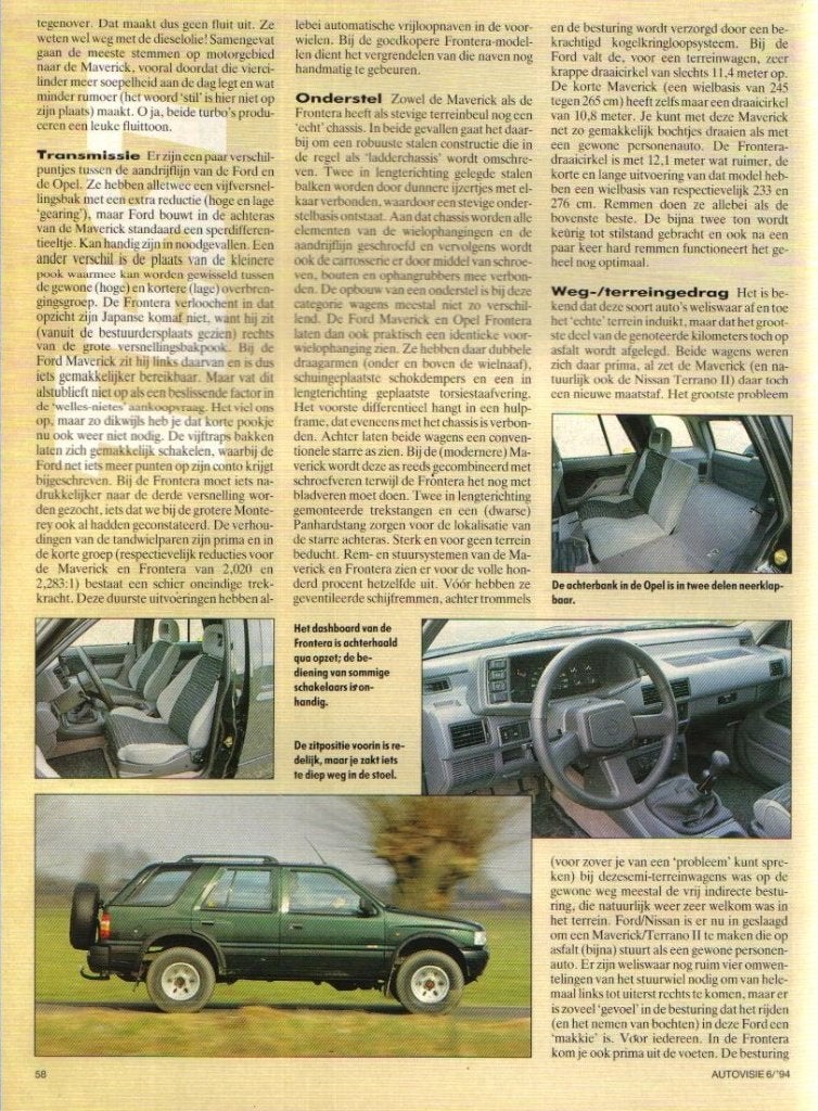 Autovisie dubbeltest Ford Maverick en Opel Frontera 1994, Ophalen of Verzenden, Gelezen, Overige merken