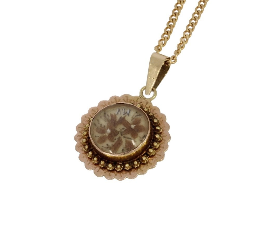 Memorie 14k gouden antieke ketting hanger rouw haarwerk dame, Ophalen of Verzenden, Goud, Hanger, Met edelsteen
